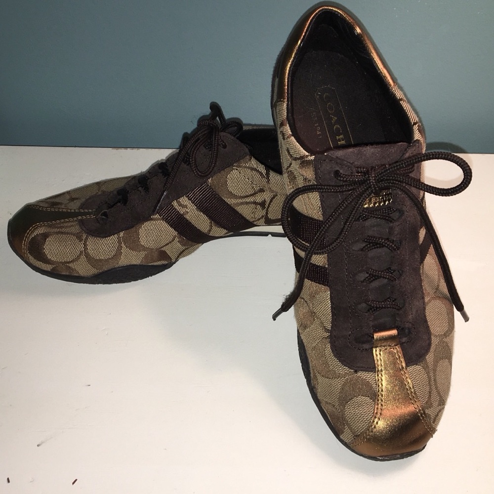 Brown and gold Coach signature sneakers